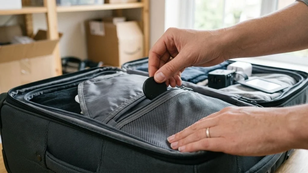 Small tracking device being placed inside a checked suitcase for luggage tracking